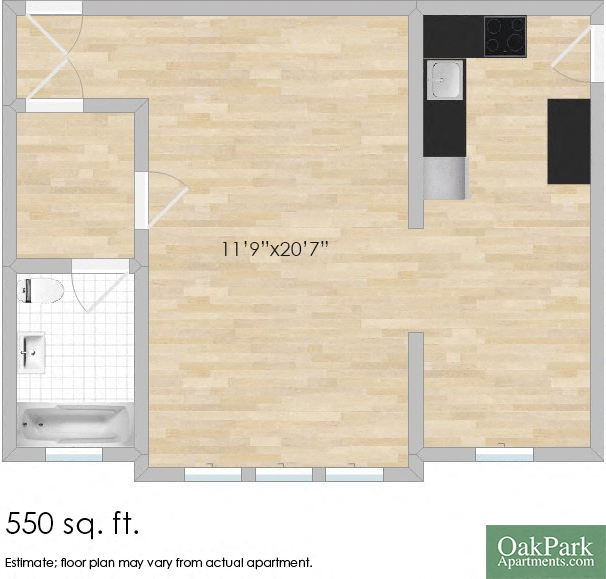 Floor plan for studio, 1 bath, 567 sqft